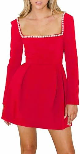 Women's Long Sleeve Mini Dress Pearl Square Neck Ruffle Hem Short Dress Bride Party Club Elegant ... | Amazon (US)