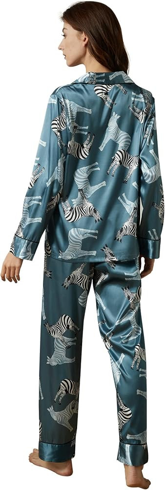 Women’s Silk Satin Classic Long Sleeve Pajamas Button Down Silky Floral Animals Pattern Set Lou... | Amazon (US)