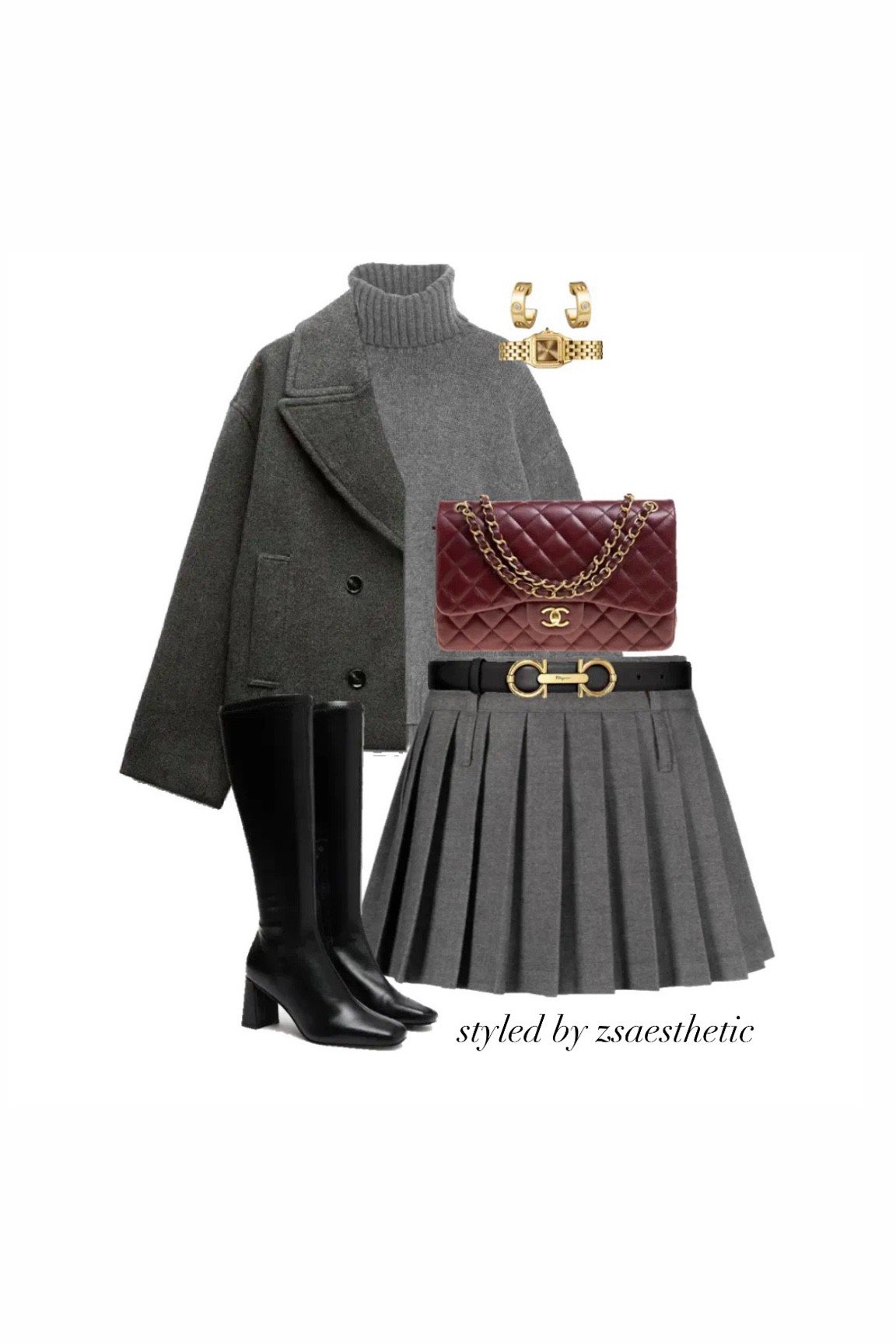 Grey outfit 
Classic outfit 
Grey turtleneck jumper 
Grey pleated mini skirt 
Ferragamo belt 
Black boots with heel 
Gold accessories 