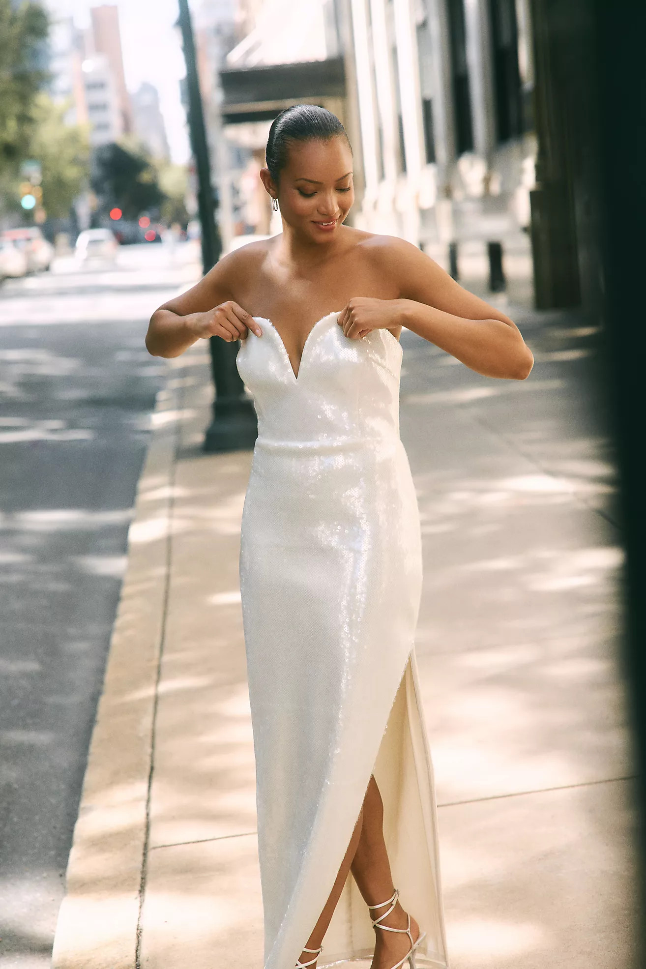BHLDN Strapless Sequin Side-Slit Midi Dress | Anthropologie (US)
