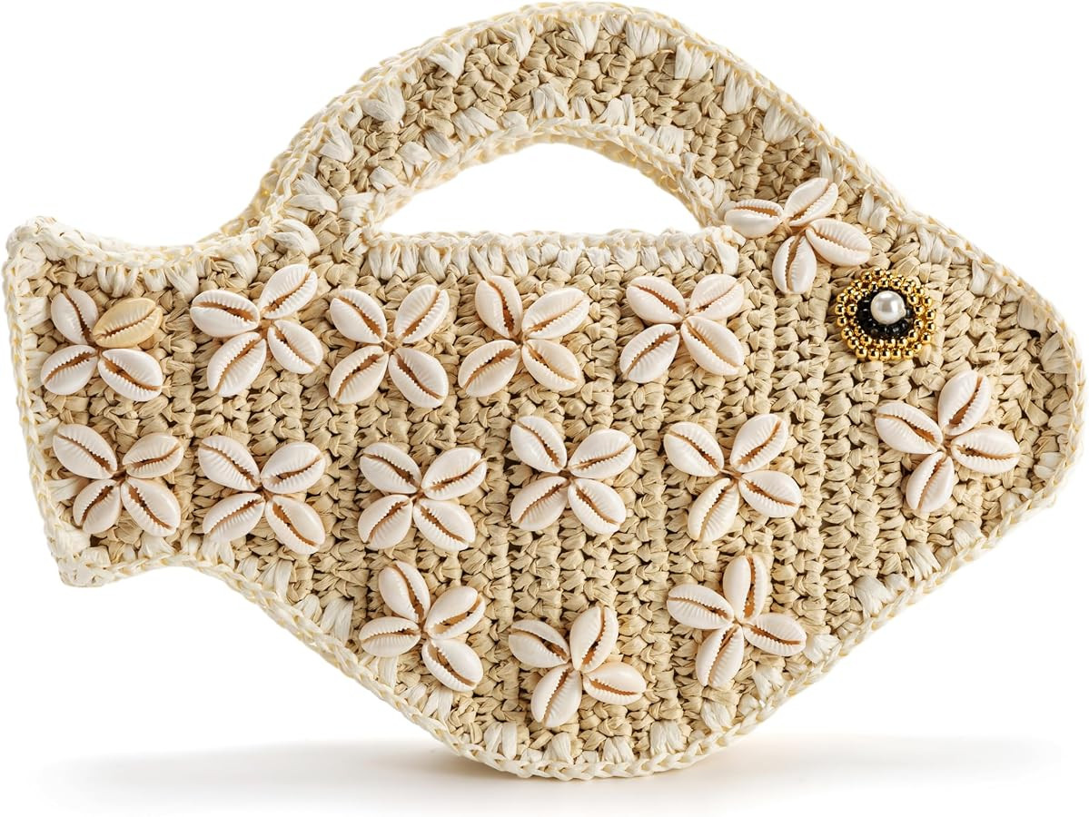 Fish Shaped Straw Handbag Purse for Women Small Shell Clutch Bag | Amazon (US)