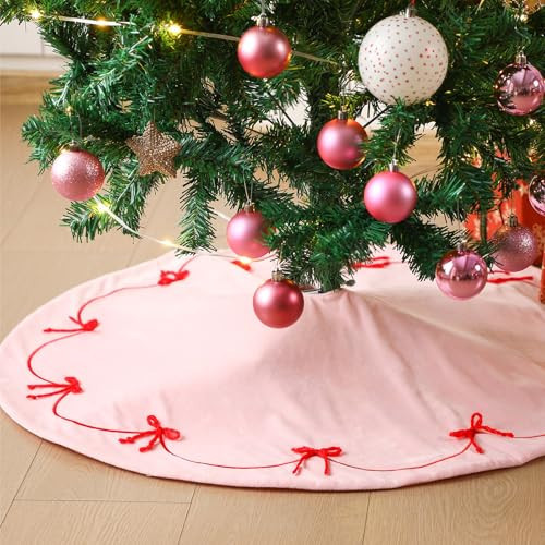 Simgoing Pink Christmas Tree Skirt, 36 Inch Velvet Plush Tree Stand Decorations with 3D Red Bows Base Mat Thick Rugs for Xmas Holiday Party Indoor Outdoor Home Ornaments | Amazon (US)