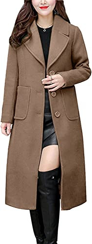 chouyatou Women's Big Notch Lapel Single Breasted Mid-Long Wool Blend Coat (Large, Khaki) | Amazon (US)