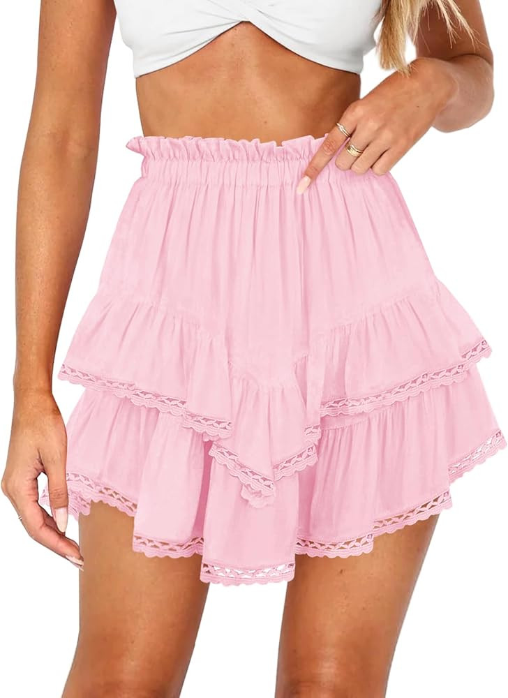 Women's High Waist Ruffle Mini Skirt Lace Trim Flowy Boho Skorts for Women Flared Tiered Golf Ten... | Amazon (US)