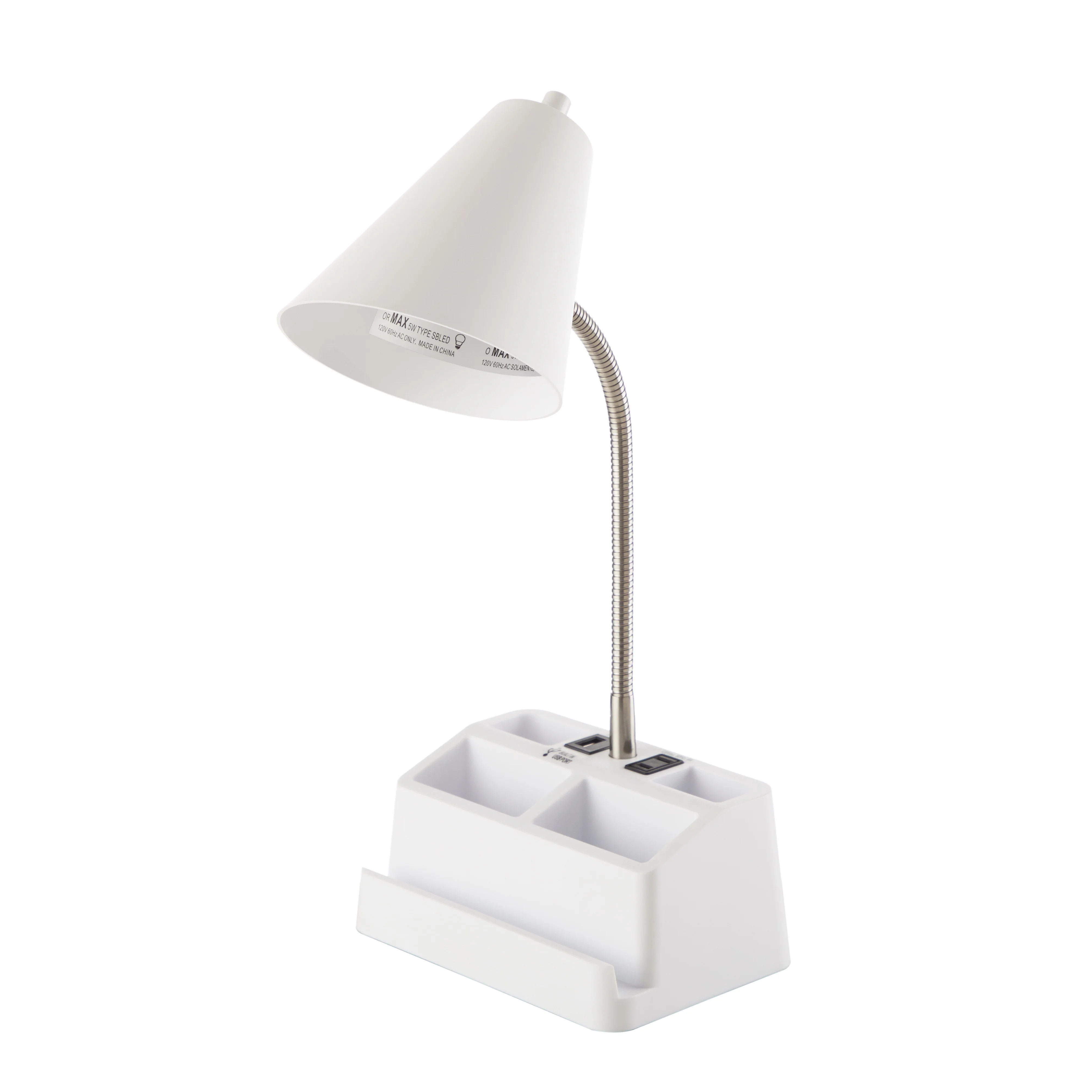 Mainstays 15" Organizer Desk Lamp, White, with USB Port and AC Outlet | Walmart (US)