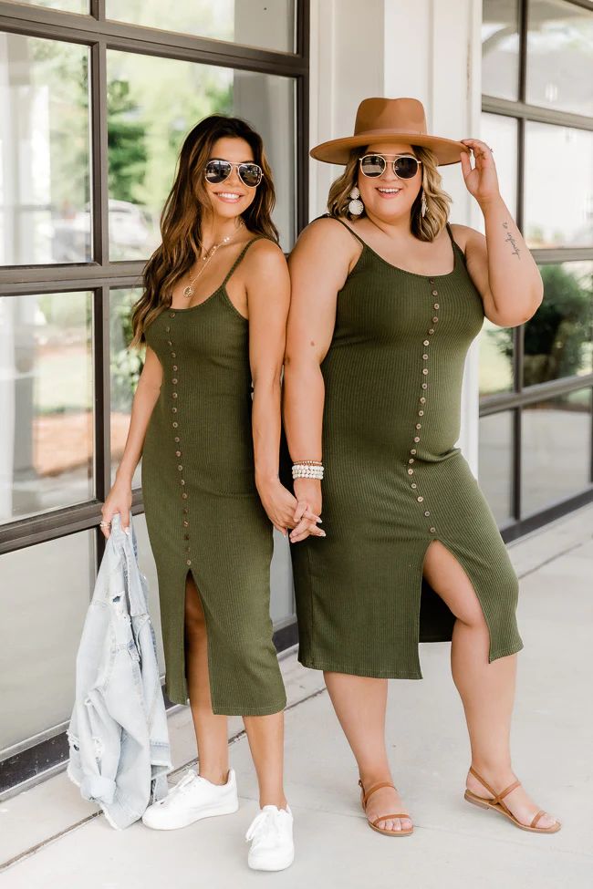 Passport Destination Olive Button Ribbed Midi Dress | The Pink Lily Boutique