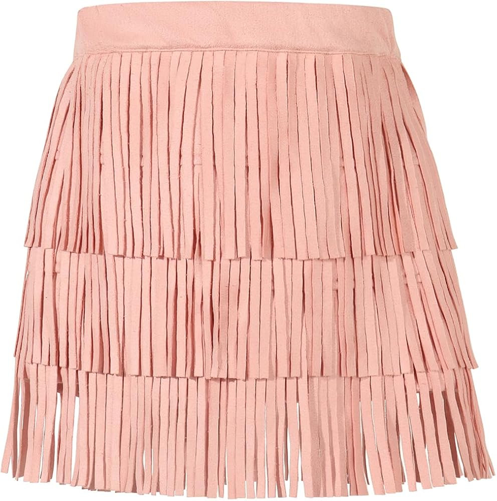 Noomelfish Girls and Women Suede Fringe Skirt Boho Tassel Layered Ruffle Skirt | Amazon (US)