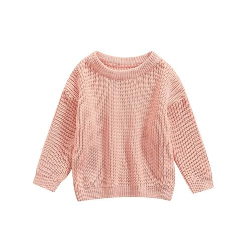 Pivanzore Baby Girl Boy Toddler Knit Sweater Cute Round Neck Long Sleeve Blouse Pullover Oversized Sweatshirt Warm Kids Tops Pink | Amazon (US)