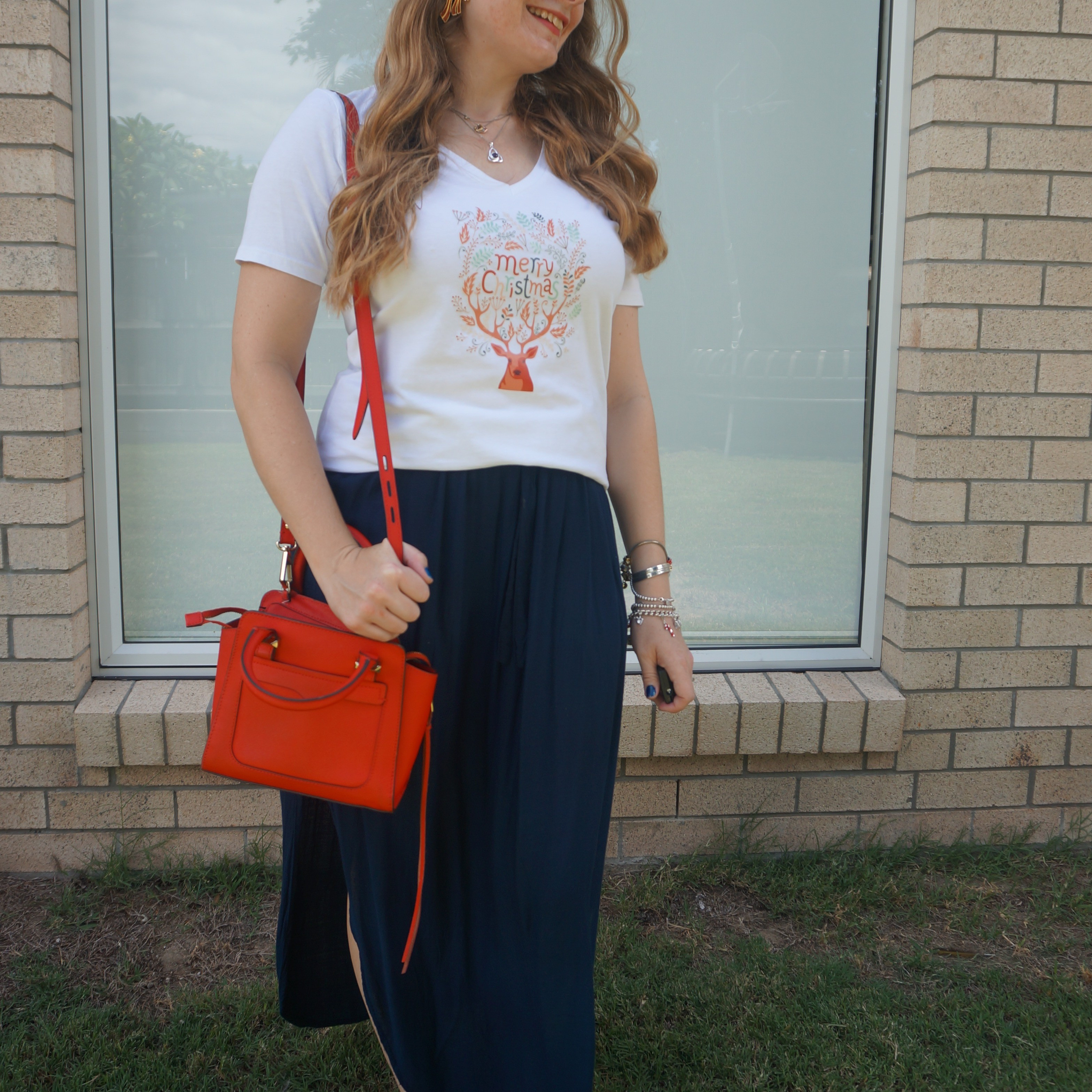 Christmas reindeer tee with navy maxi skirt and red Rebecca Minkoff micro Avery tote bag ❤️

#LTKbag #LTKaustralia #LTKsummer