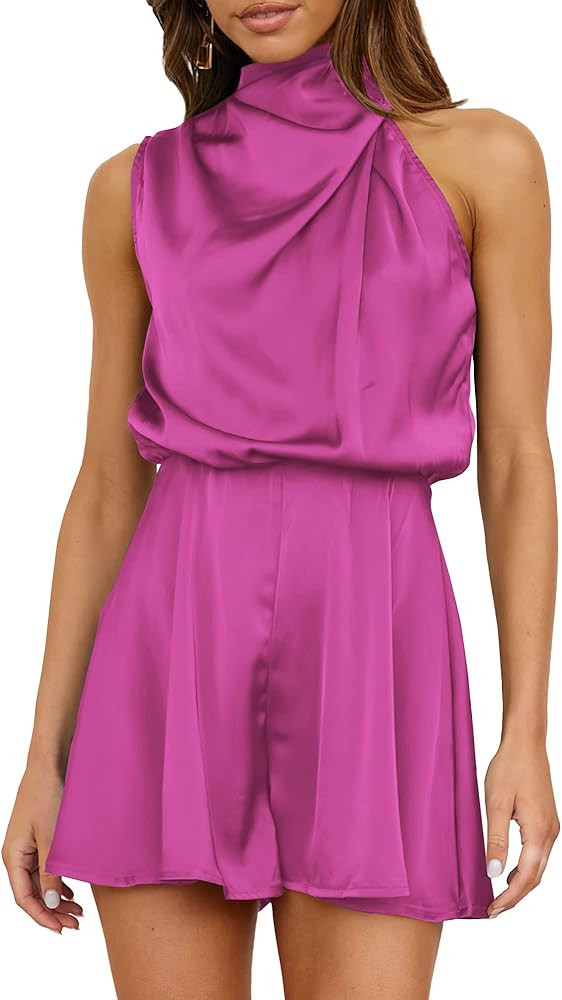 BTFBM Women's Mock Neck Satin Summer Romper Sleeveless Elastic Waist Casual Beach Party One Piece Sh | Amazon (US)