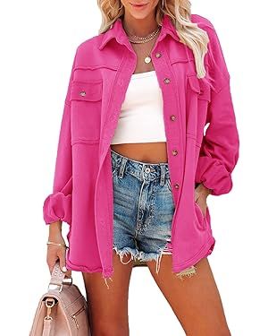 Paintcolors Women's Button Down Shirt Oversized Long Sleeve Frayed Knit Outerwear Tops with Pocke... | Amazon (US)