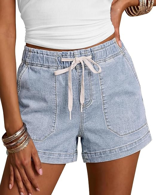 luvamia Jean Shorts for Women High Waisted Pull On Drawstring Elastic Waist Trendy Stretchy Denim... | Amazon (US)