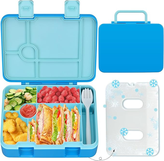 Kids Bento Lunch Box with Ice Pack, 5 Compartments Leak-Proof Bento Box with Utensils, 5.5-Cup Ca... | Amazon (US)