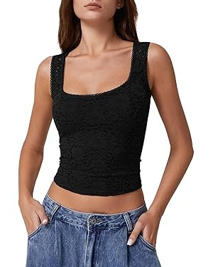 QINSEN Womens Lace Trim Square Neck Sleeveless Tank Tops Double-Layer Slim Fit T Shirt Crop Tops | Amazon (US)
