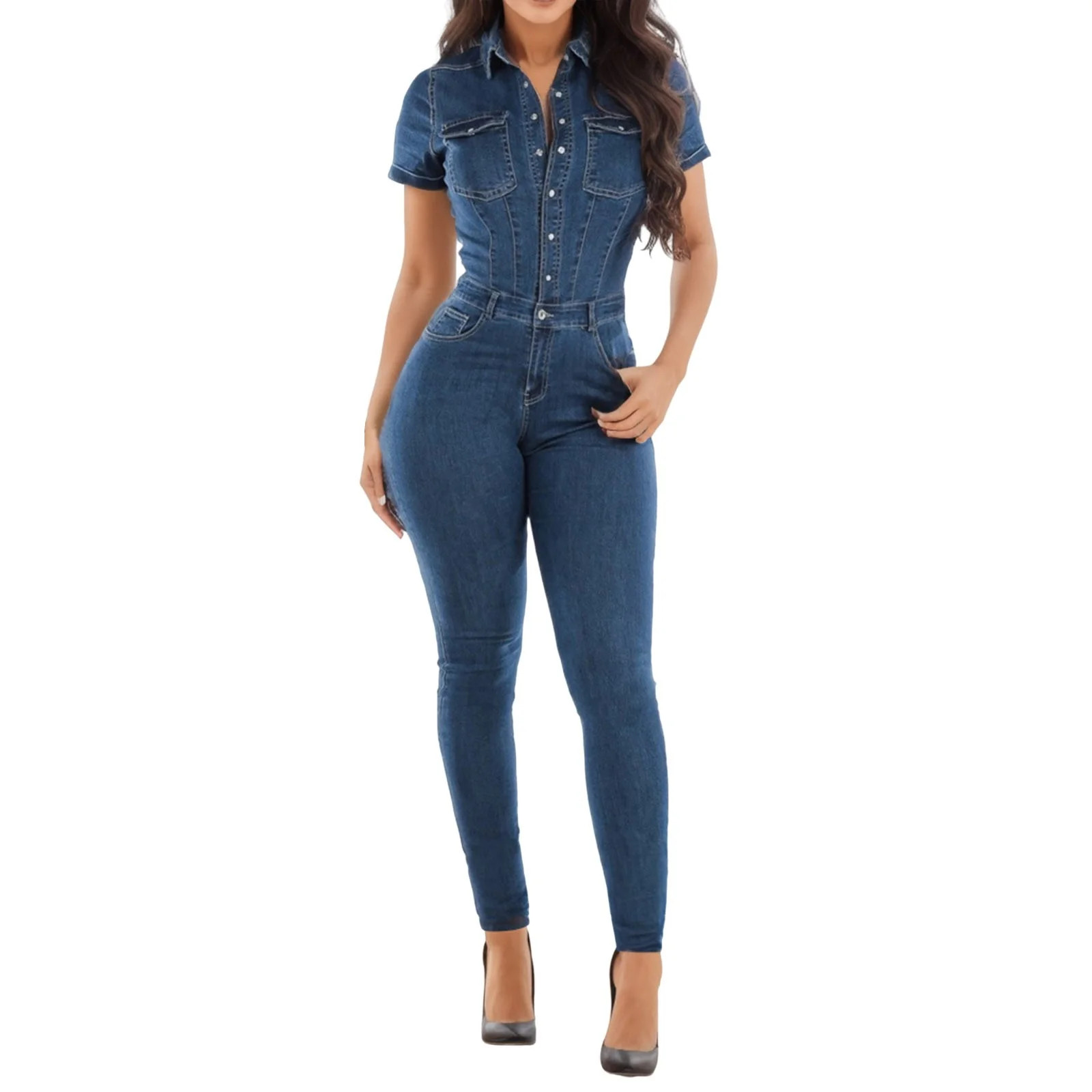 Womens Jumpsuit Button Down Slim Fit Denim Long Playsuit Lapel Full Length Jeans Overalls Jumpsui... | Walmart (US)