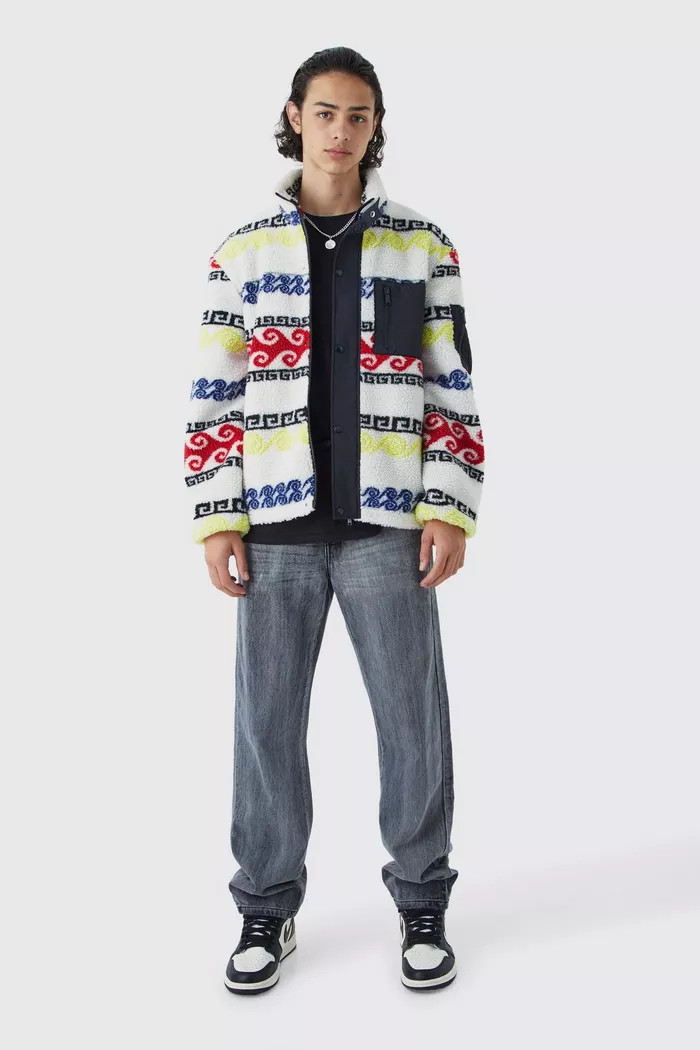 Borg & Nylon Mix Aztec Funnel Neck Jacket | boohoo (US & Canada)