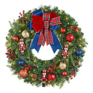 30 in Festive Nutcracker Battery Operated Mixed Pine LED Pre-Lit Wreath with Timer | The Home Depot