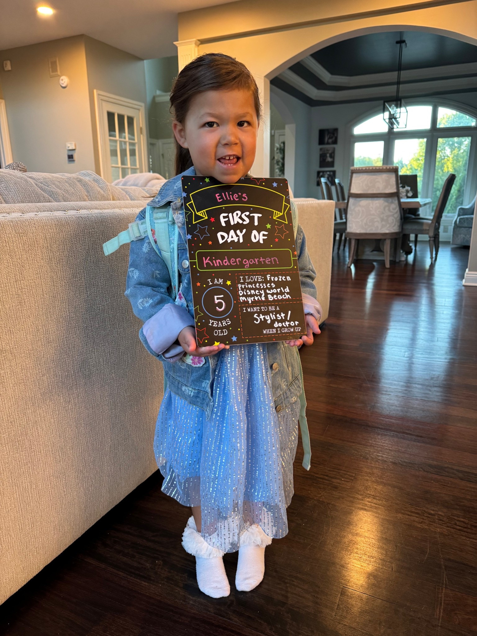 Back to school board. First day of school. Amazon finds. Elsa dress. Back pack for kindergarten 