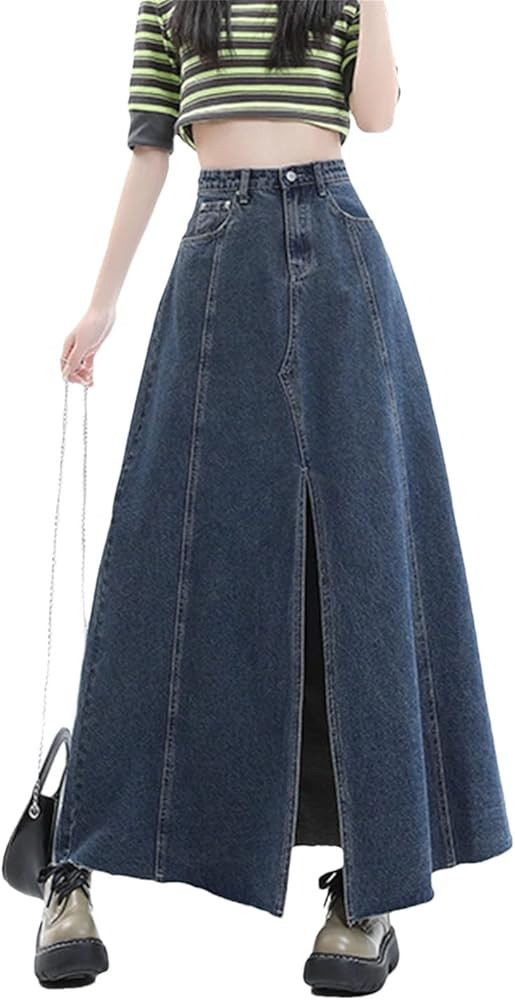 Women Vintage High Waisted A-Line Denim Mid-Calf Skirts High Slit Cut Korean Casual Long Skirt | Amazon (US)