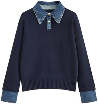 Womens Fall Oversized Long Sleeve Sweaters 2 in 1 Denim Panel Lapel Sweater Polo Knit Sweater Top... | Amazon (US)