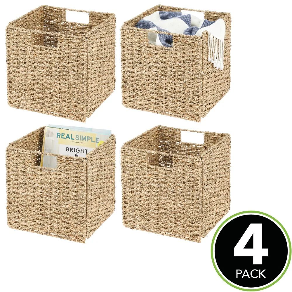 mDesign Seagrass Woven Cube Bin Basket Organizer, Handles (Set of 4) | Wayfair North America