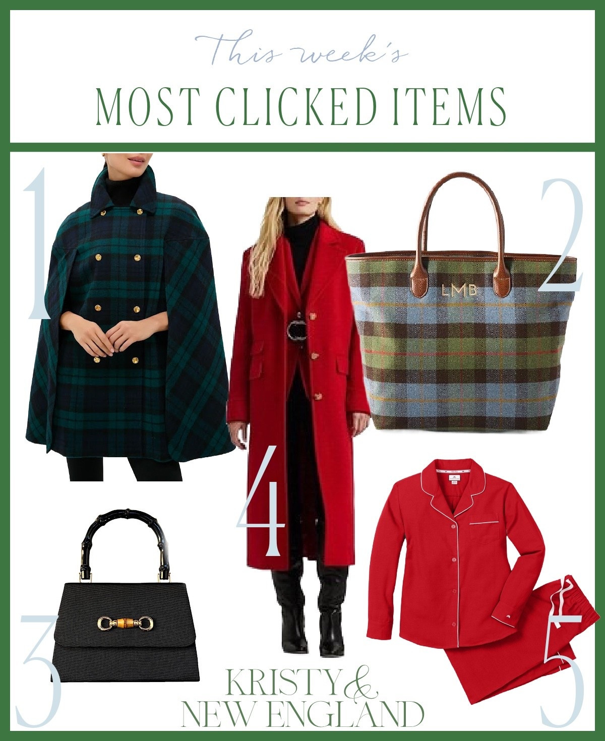 Most popular 🫶🏻 Blackwatch wool cape, plaid & leather tote bag, black bamboo evening bag, red wool coat, red flannel pajamas

#LTKSeasonal #LTKHoliday #LTKGiftGuide