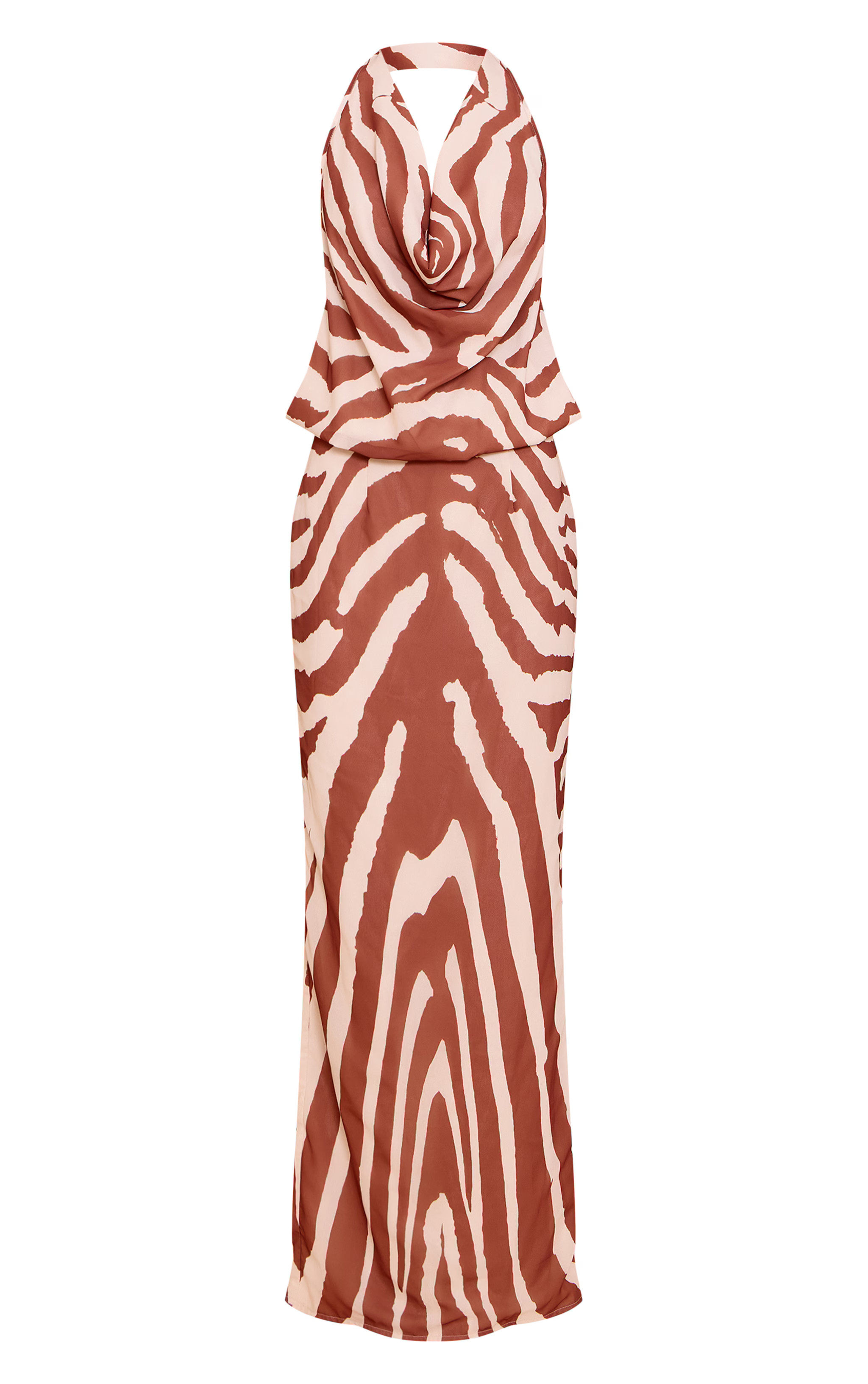 Tan Zebra Abstract Print Chiffon Cowl Neck Maxi Dress | PrettyLittleThing US