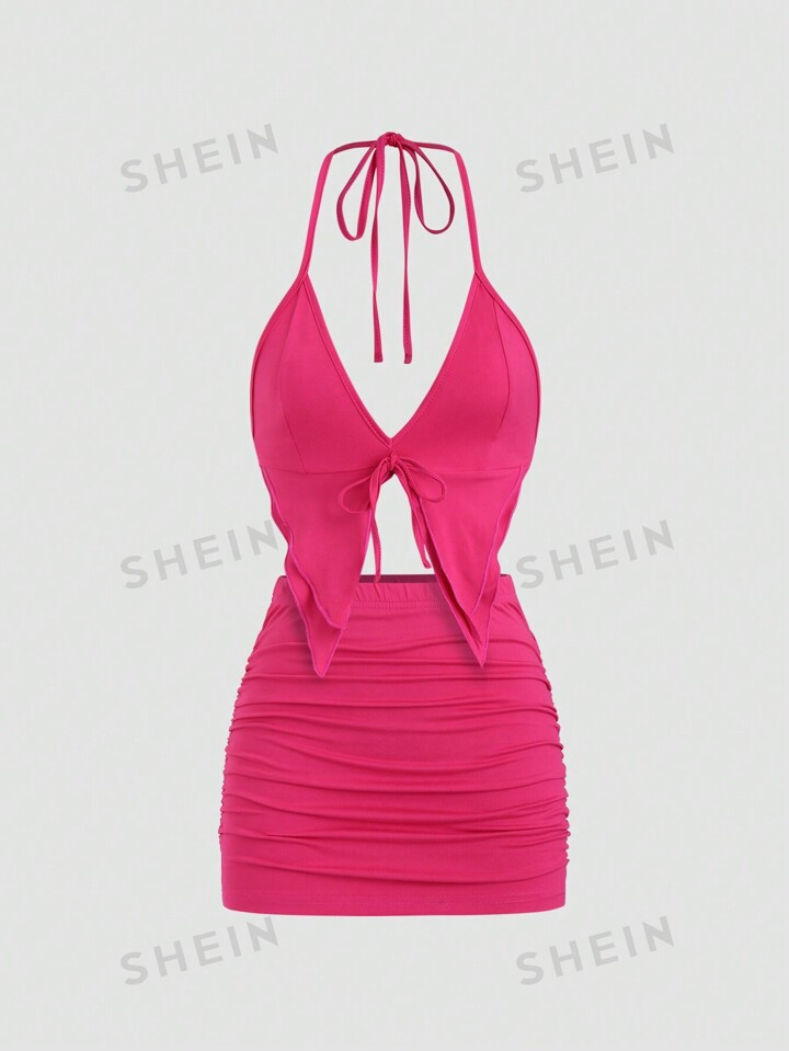 SHEIN ICON Ladies Halter Halter Sleeveless Top With Skirt Two Pieces Set | SHEIN USA | SHEIN