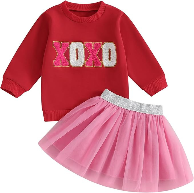 NZNDSHD Valentine's Day Outfit for Toddler Girls Long Sleeve Letter Embroidered Sweatshirt Tutu S... | Amazon (US)
