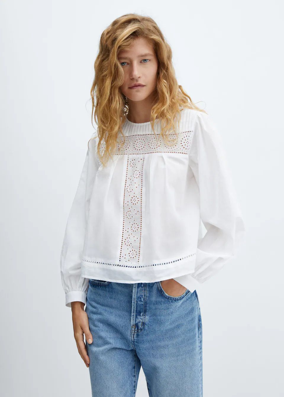 Cotton blouse with openwork details  -  Women | Mango USA | MANGO (US)