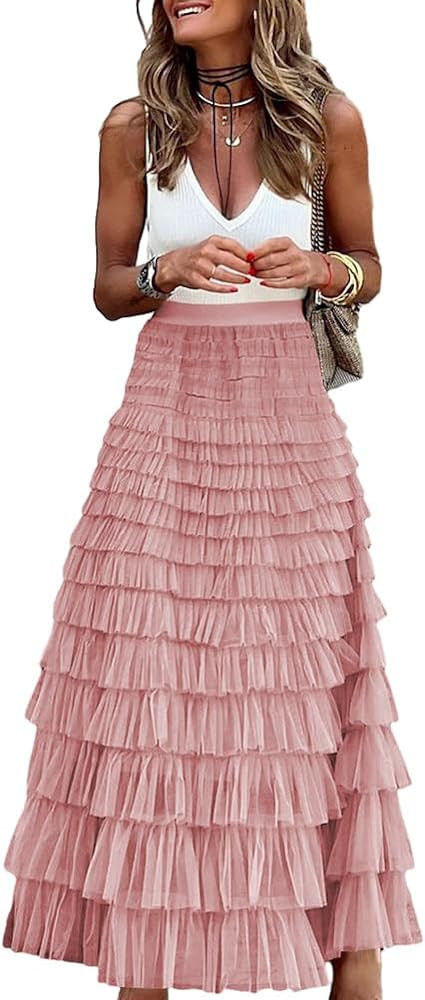 Long Tulle Skirt for Women Trendy High Waisted A Line Fluffy Fairy Mesh Layered Ruffle Skirt | Amazon (US)