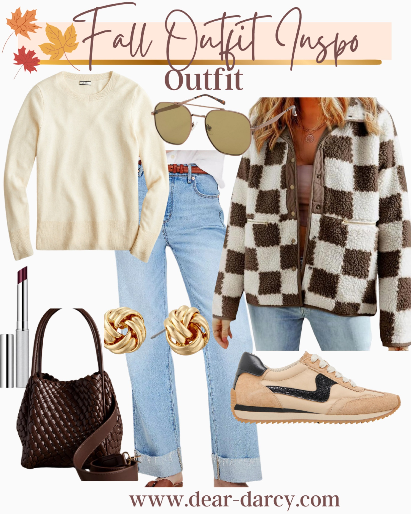 Fall outfit Inspo

Cutes light washed cuffed denim jeans
Fit tts  

Checkered Sherpa jacket so cute and fits tts 

Lightweight cream sweater, super soft and fits tts 

Chocolate Brown woven bage perfect to wear /use daily 

Gold knot earrings 

Affordable brown toned sunglasses 

Love the tan and black tennis shoes



 

#LTKShoeCrush #LTKStyleTip #LTKFindsUnder100