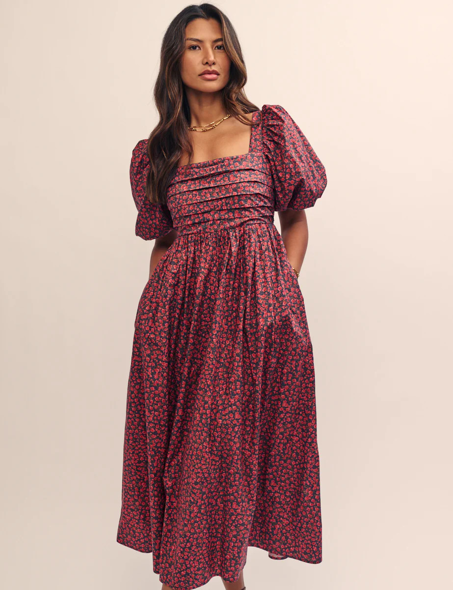Red Rose Print Nova Midi Smock Dress | Nobody's Child