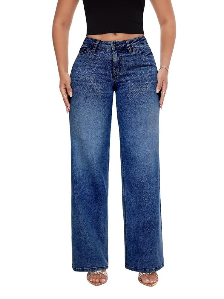 ONESO Mid-Low Rise Baggy Jeans Wide Leg for Women Distressed Pants Stretchy Bottom Lady Basic Com... | Amazon (US)