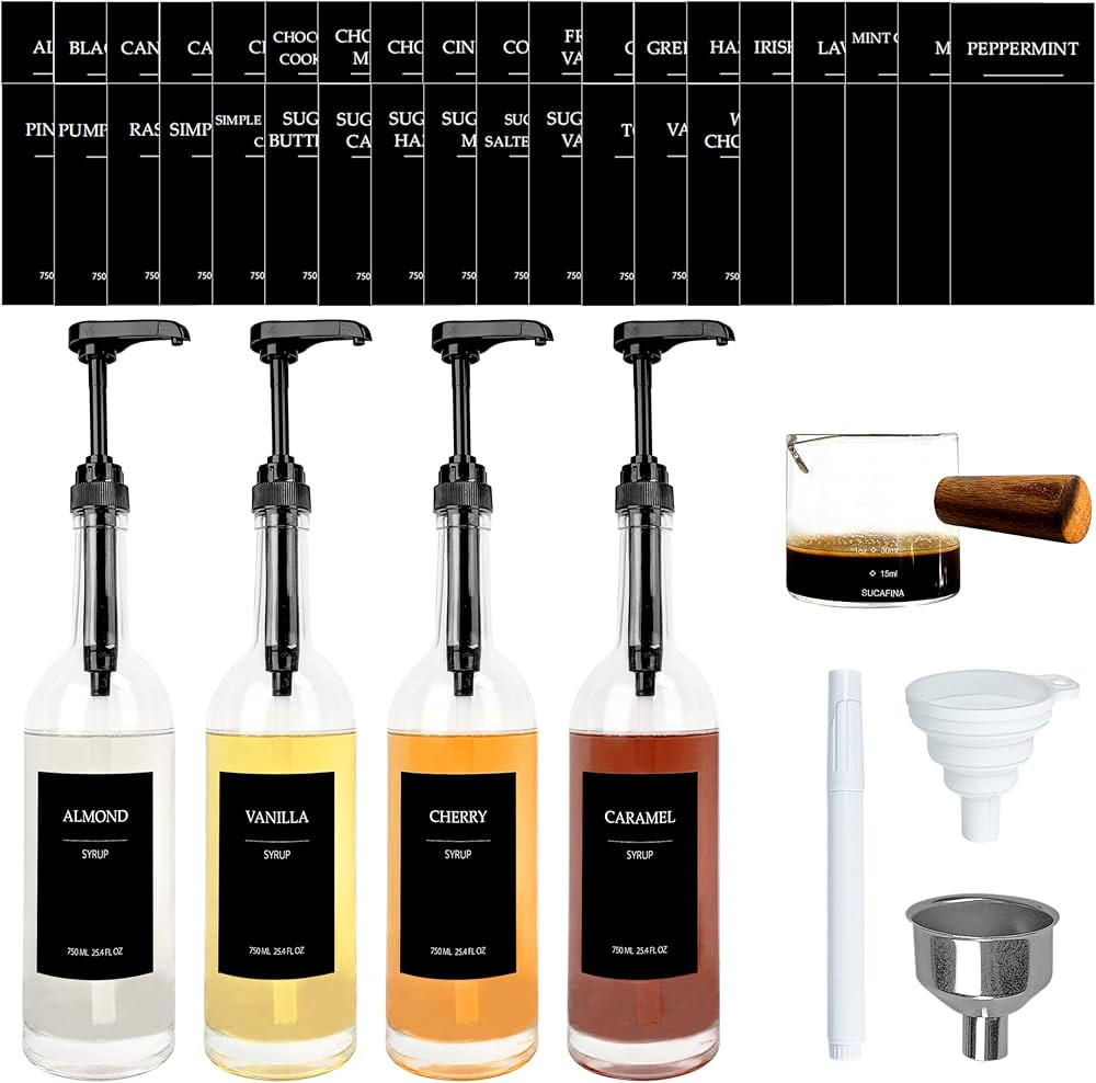 Coffee Syrup Dispenser, 25.4oz 750ml Glass Syrup Bottles, 4 Pack Syrup Dispenser for Coffee Bar W... | Amazon (US)