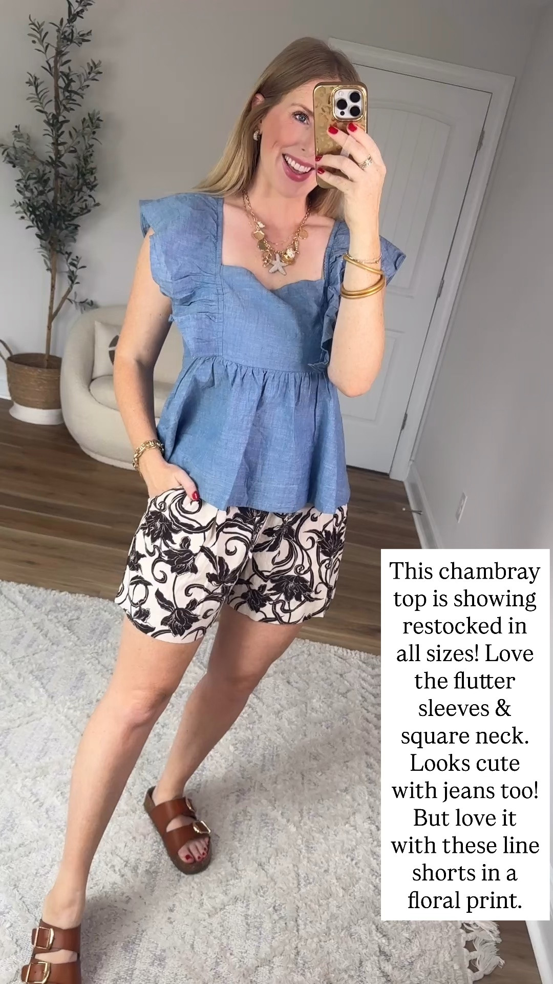 Walmart try on, time and tru, Walmart style, linen shorts, chambray ruffle top

#LTKootd