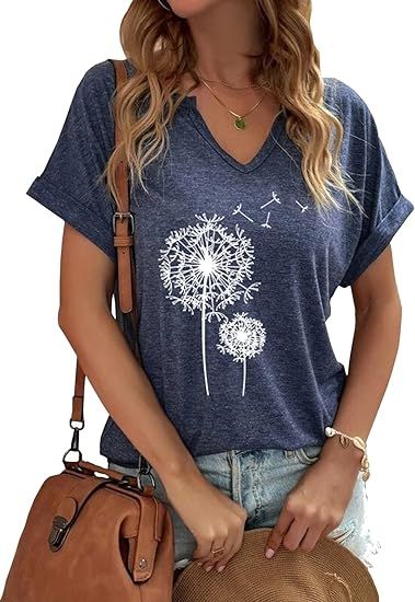 Women's T-Shirts V-Neck Dandelion Print Short Sleeve Casual Tee Tops Cute Graphic Shirts Solid Co... | Amazon (US)