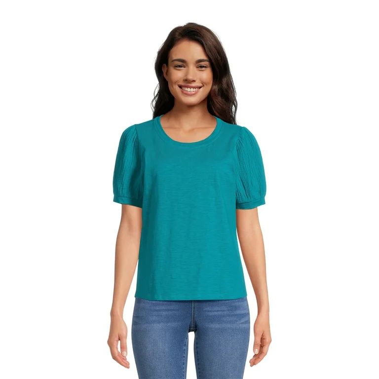 Time and Tru Women's Cotton Top with Puff Sleeves, Sizes XS-XXXL | Walmart (US)