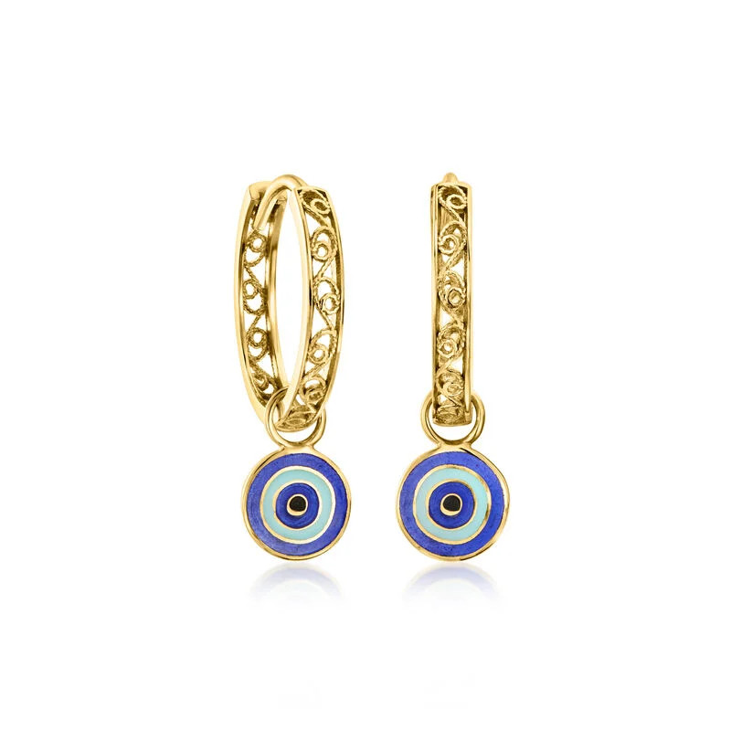 18kt Gold Over Sterling Filigree Huggie Hoop Earrings with Removable Multicolored Enamel Evil Eye... | Ross-Simons