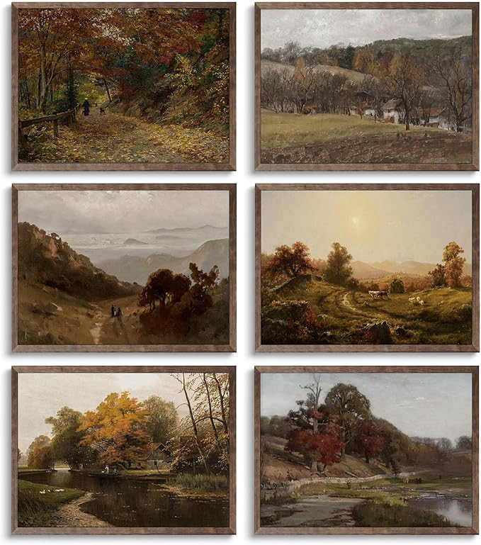 FYARTKJ 6Pcs Autumn Landscape Wall Art, Vintage Farmhouse Fall Nature Wilderness Illustrations Wa... | Amazon (US)