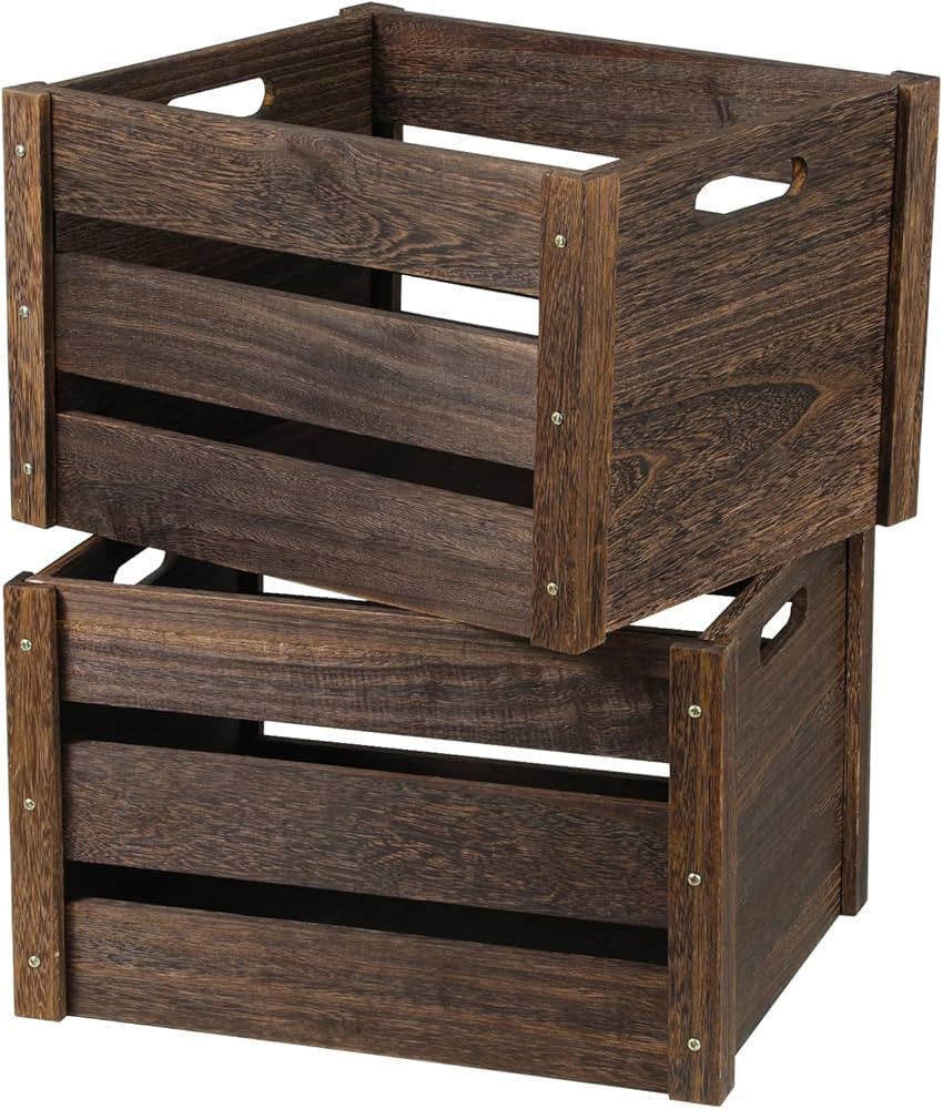 Wooden Crates 2 Pack, Rustic Handmade Wood Crate with Handles, Durable Large Wooden Crates for Di... | Amazon (US)