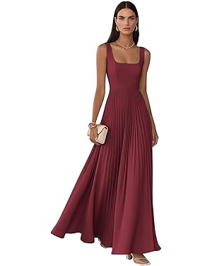 Square Neck Long Bridesmaid Dresses for Women Chiffon Pleated A-line Formal Prom Evening Gowns wi... | Amazon (US)