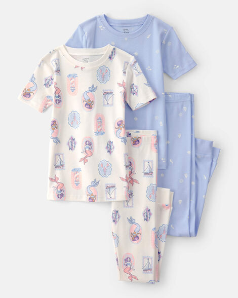Girls Mermaid 100% Cotton Snug Fit 4-Piece Pajama Set - Blue/Ivory | Carter's Inc