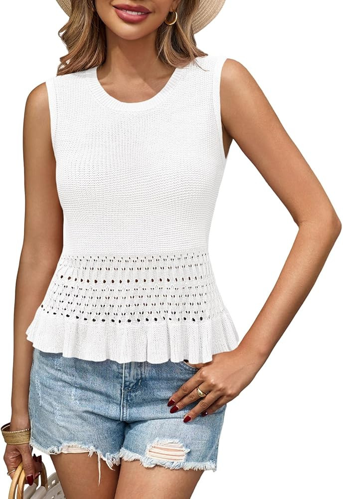 Saodimallsu Womens Crochet Crop Tank Tops Sleeveless Crew Neck Ruffle Summer Boho Knit Sweater Ve... | Amazon (US)
