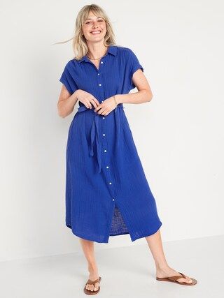 Short-Sleeve Waist-Defined Midi Shirt Dress for Women | Old Navy (US)