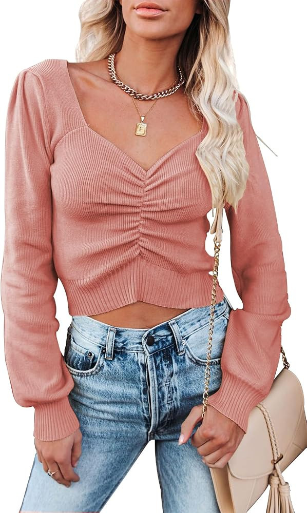 PRETTYGARDEN Fall Long Sleeve Cropped Sweaters for Women 2024 Off The Shoulder V Neck Ruched Ribb... | Amazon (US)