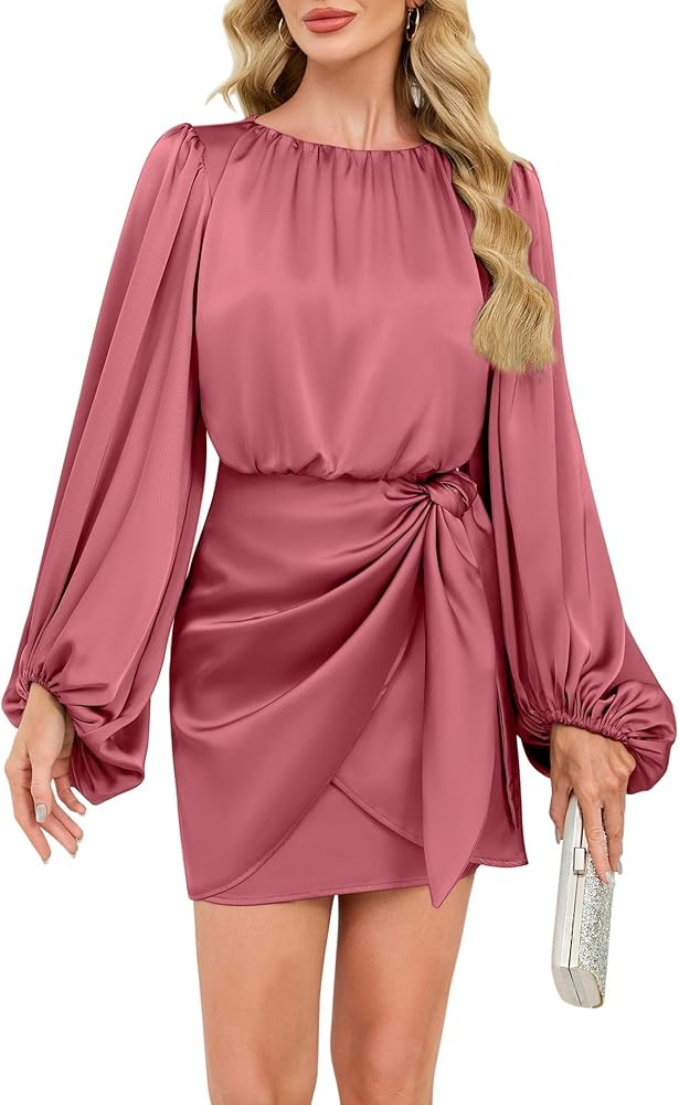 Cocktail Dresses for Women Formal Short Satin Dress Elegant Long Sleeve Crew Neck Tie Waist Weddi... | Amazon (US)