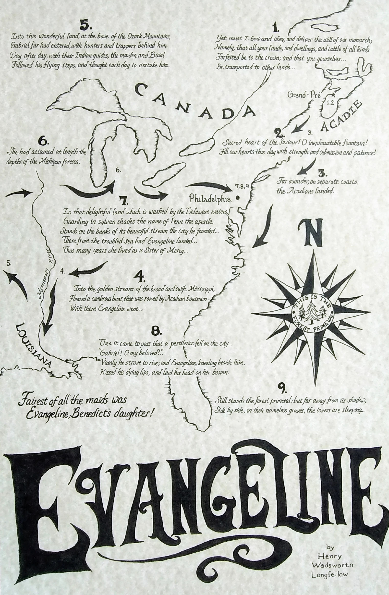 Evangeline (HW Longfellow) hand drawn map | Etsy (Global)