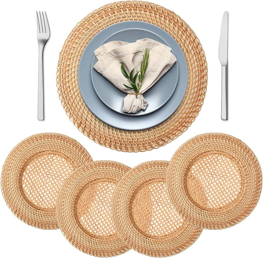 4 Pack Woven Round Chargers 13 Inch Rattan Circle Chargers for Hand Boho Farmhouse Table Decorati... | Amazon (US)