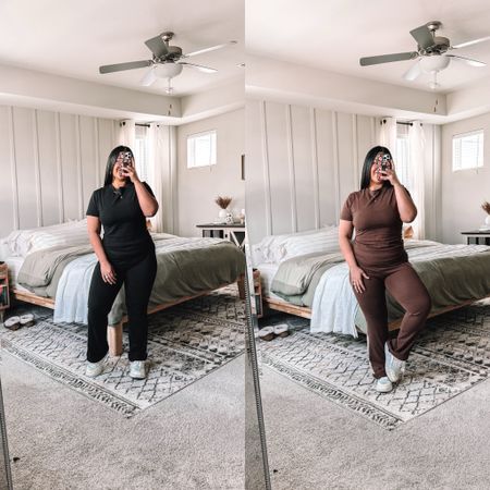Amazon set in shades Jet Black and Chocolate. Wearing size large (true to size). I’m 5’1”, so the pants are long, I just rolled them! This lounge set is very soft and stretchy. Shoes are true to size. 

#LTKStyleTip #LTKMidsize #LTKFindsUnder50